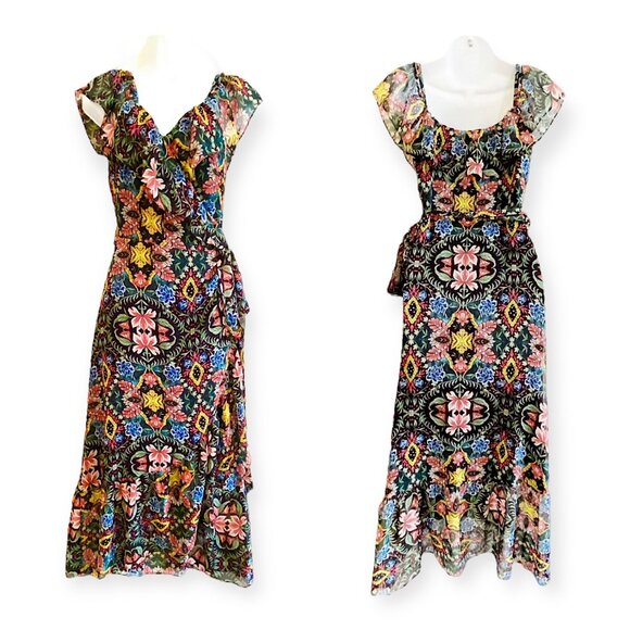 Rebecca Minkoff Jessica Ruffle Floral Midi Wrap Dress S Black Multicolor NWT - Picture 4 of 16
